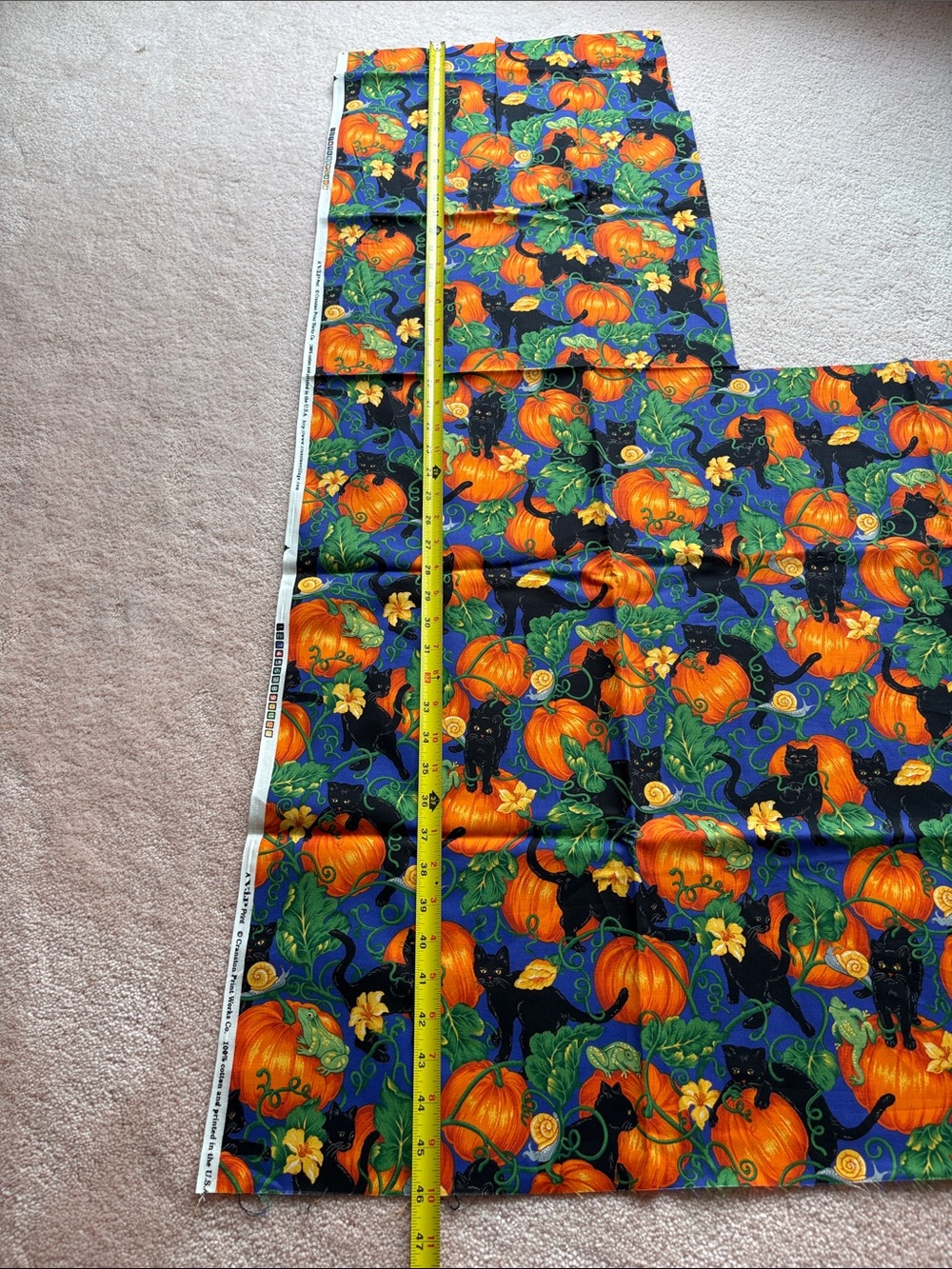 Halloween Black Cats & Pumpkins Cotton Fabric - Vibrant Orange and Green on Blue - Picture 2 of 6